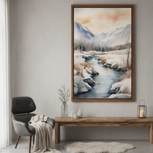 Serene Winter River Landscape Watercolor – Snowy Mountain Printable Wall Art