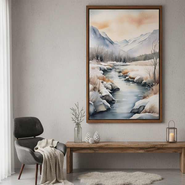 Serene Winter River Landscape Watercolor – Snowy Mountain Printable Wall Art