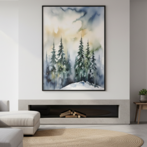 Watercolor Winter Wall Art Printable – Cozy Snowy Landscape Art