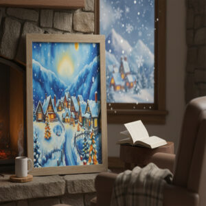 Watercolor Winter Village Printable – Cozy Snowy Night Wall Art