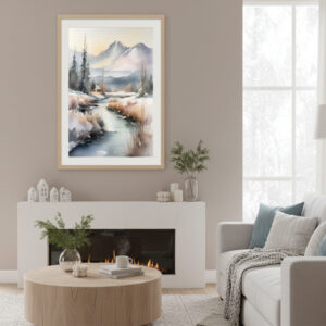 Cozy Winter River Watercolor Landscape – Snowy Mountains Printable Wall Art