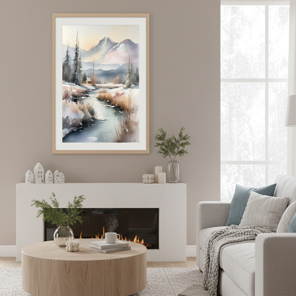 Cozy Winter River Watercolor Landscape – Snowy Mountains Printable Wall Art