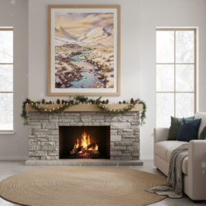 Peaceful Winter River Watercolor – Cozy Snowy Landscape Printable Wall Art