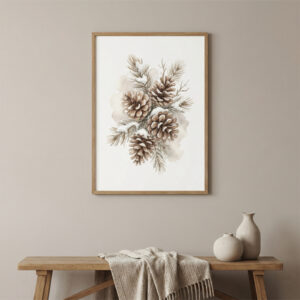 Winter Pinecones Watercolor Print – Minimal Botanical Wall Art