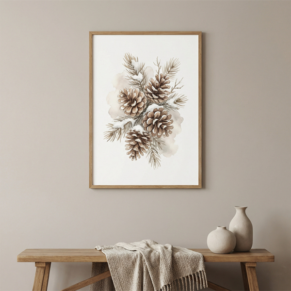 Winter Pinecones Watercolor Print – Minimal Botanical Wall Art